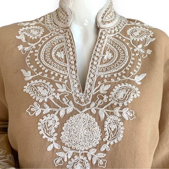SOFT SURROUNDINGS TAN LINEN & COTTON BLEND EMBROIDERED TUNIC TOP. WOMEN’S SZ L - Picture 6 of 10